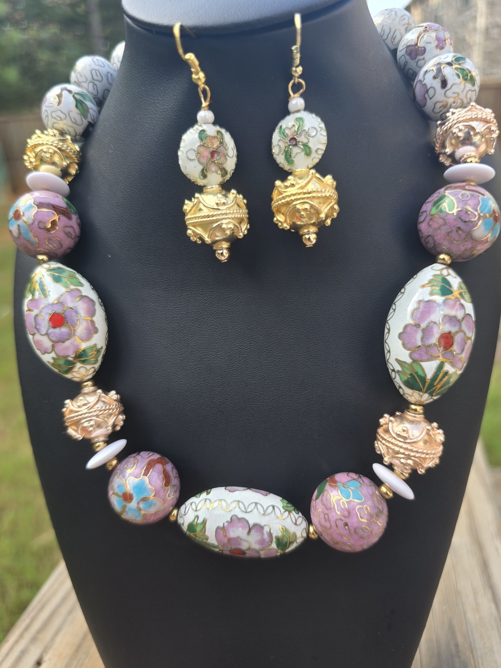 Floral Cloisonné Bead Necklace and Earrings - Pink, White & Gold 130g